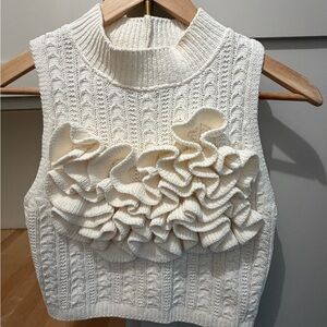 Zara Cream Sleeveless Ruffle Cable-Knit Turtleneck Vest